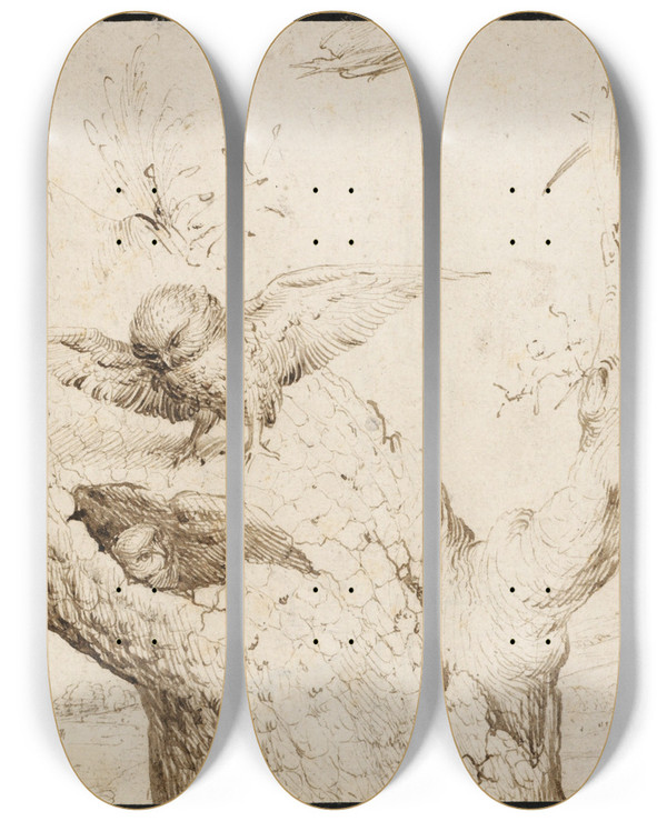 Triptych art skateboard deck of Hieronymus Bosch The Owls Nest by Hieronymus Bosch (1450-1516)