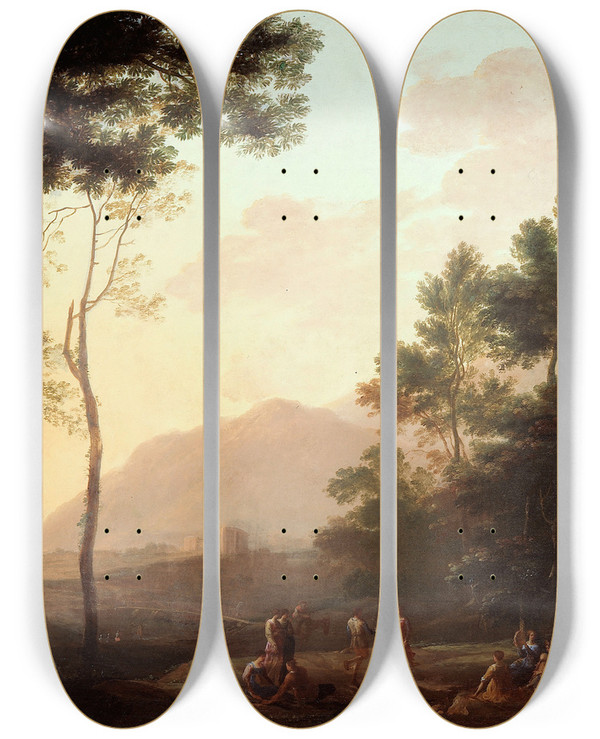Triptych art skateboard deck of Jan Both Pastoral Dancers In A Landscape by Jan Both (1618-1652)