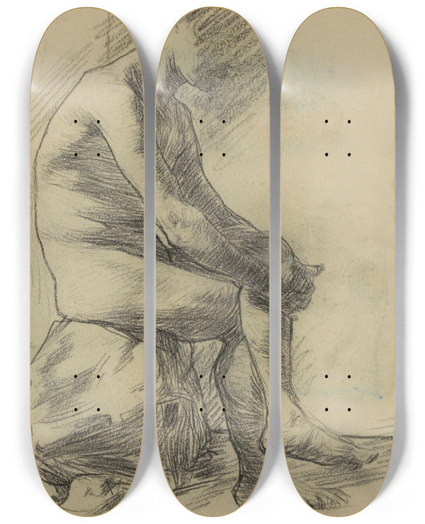 Triptych art skateboard deck of Marius Bauer Zittende Naakte Man 2 by Marius Bauer (1867-1932)