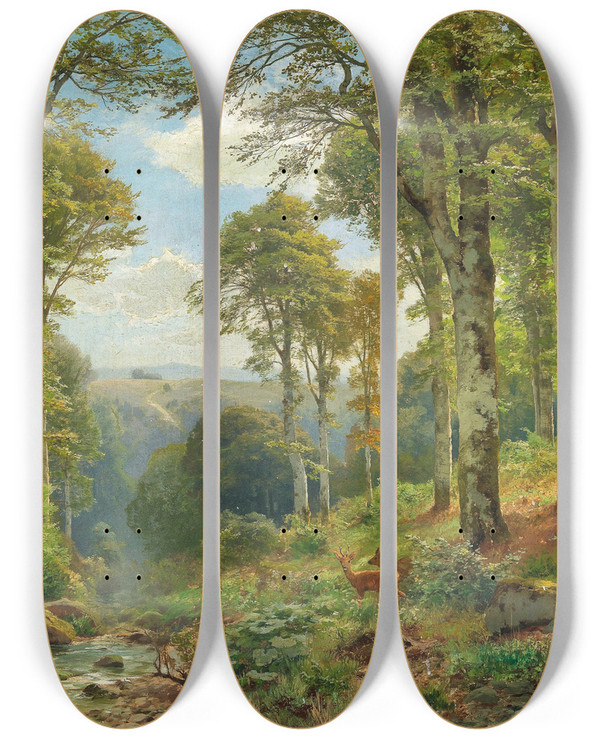 Triptych art skateboard deck of Heinrich Bhmer Roe Deer By A Stream by Heinrich Bohmer (1852-1930)