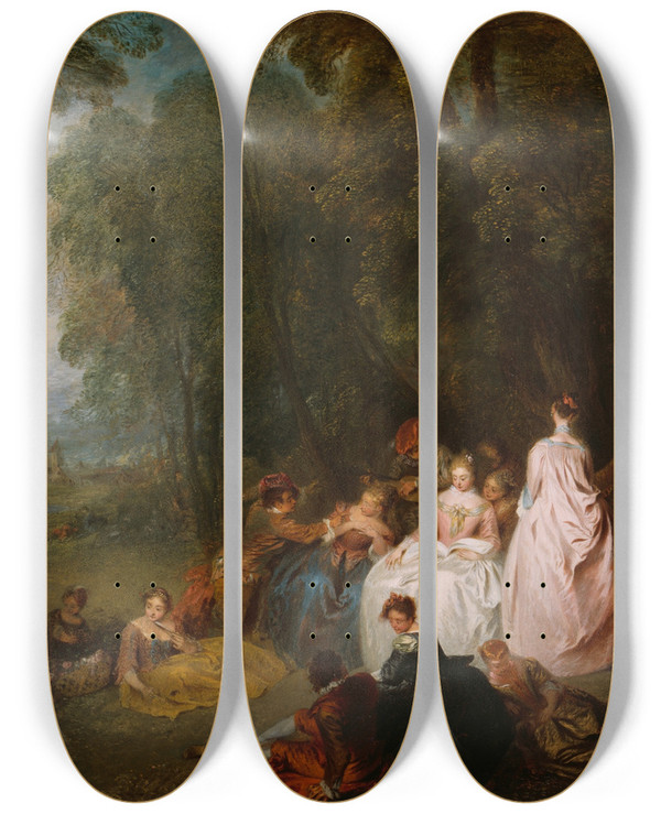 Triptych art skateboard deck of Jeanantoine Watteau Fte Champtre Pastoral Gathering by Jean-Antoine Watteau (1684-1721)