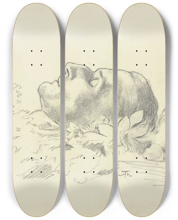 Triptych art skateboard deck of Hans Thoma Otto Kchler Auf Dem Totenbett Von Links by Hans Thoma (1839-1924)