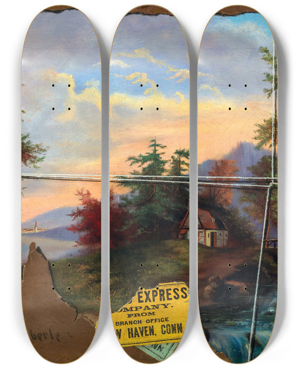Triptych art skateboard deck of John Haberle Torn In Transit by John Haberle (1856-1933)