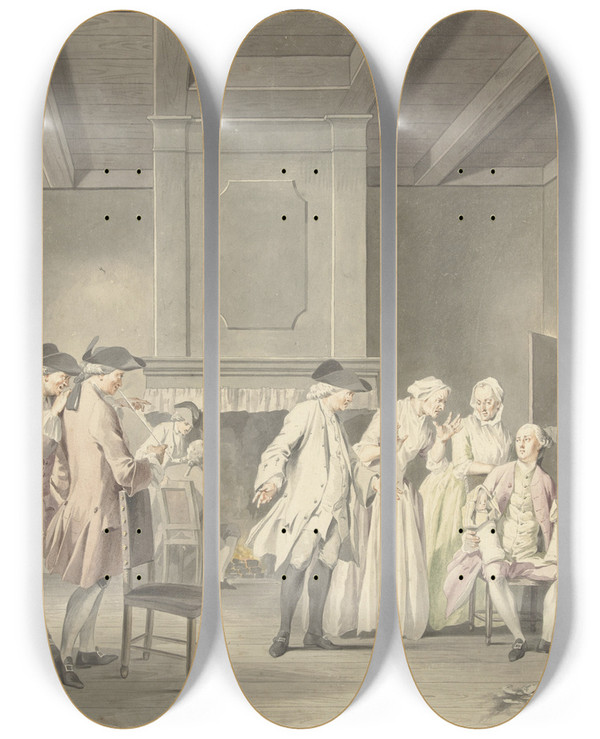 Triptych art skateboard deck of Jacobus Buys De Onverwachte Tweeling by Jacobus Buys (1724-1801)