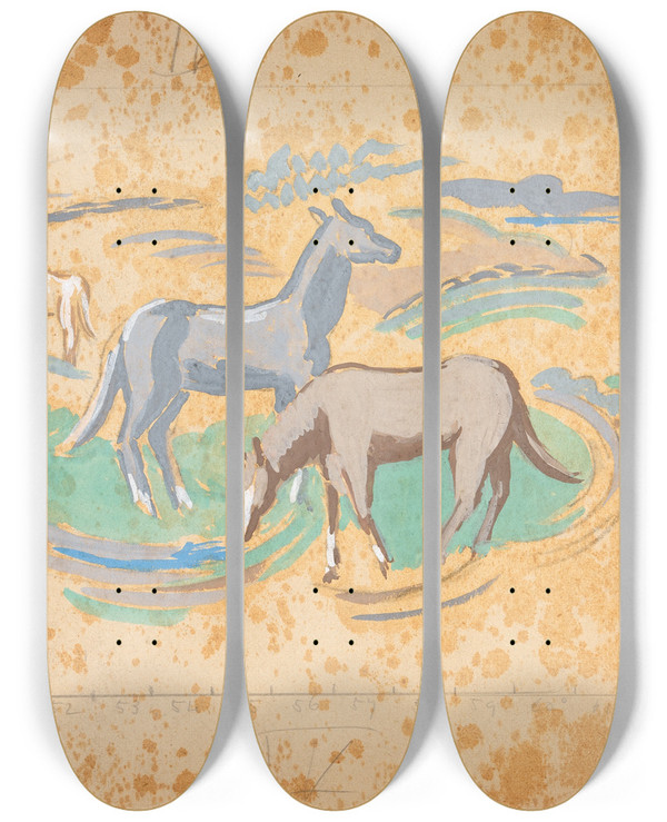 Triptych art skateboard deck of Mainie Jellett The River Shannon Development And Horses Grazing by Mainie Jellett (1897-1944)
