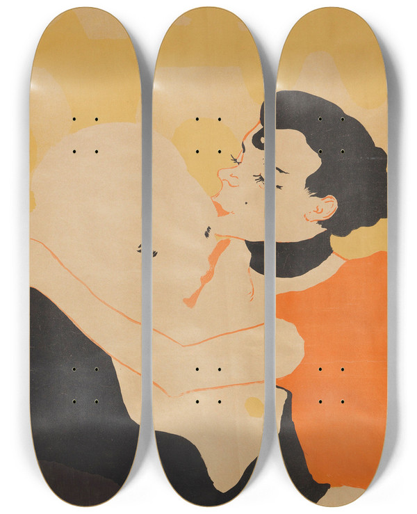 Triptych art skateboard deck of Henri De Toulouselautrec Reine De Joie by Henri de Toulouse-Lautrec (1864-1901)