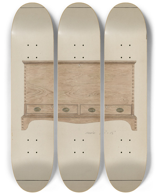 Triptych art skateboard deck of Sarah F Williams Blanket Chest by Sarah F Williams