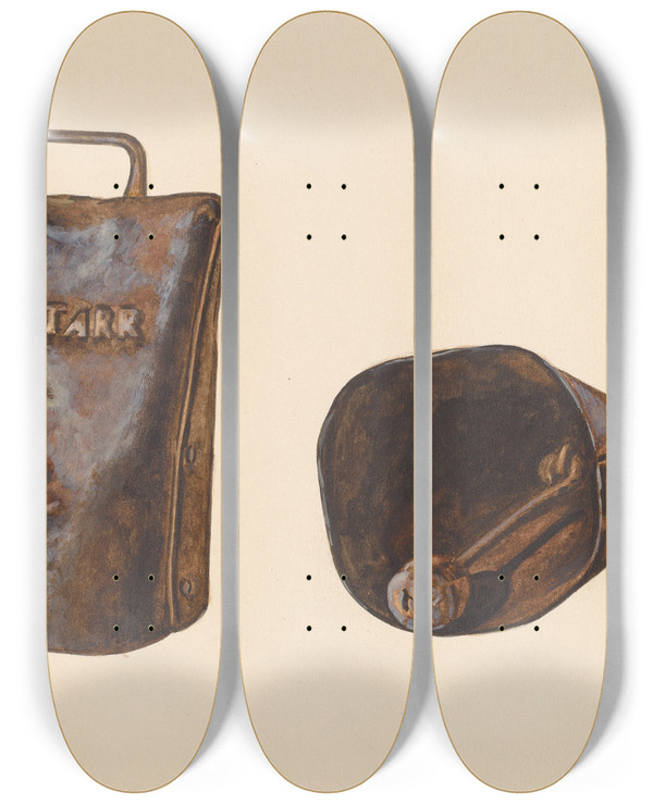 Triptych art skateboard deck of Dorothy Brennan Cow Bell by Dorothy Brennan