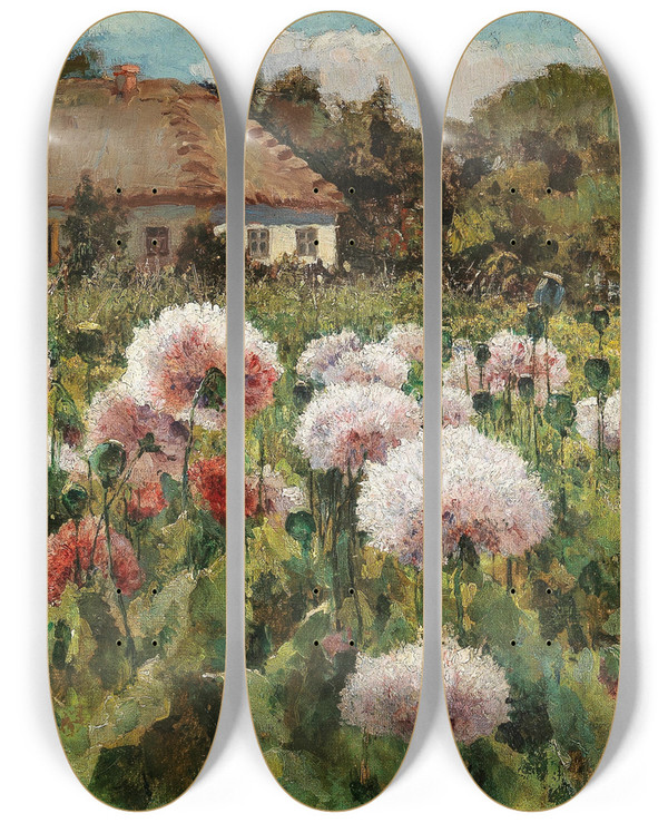Triptych art skateboard deck of Mikhail Andreevich Berkos A Blossoming Garden With Poppies by Mikhail Andreevich Berkos (1861-1919)