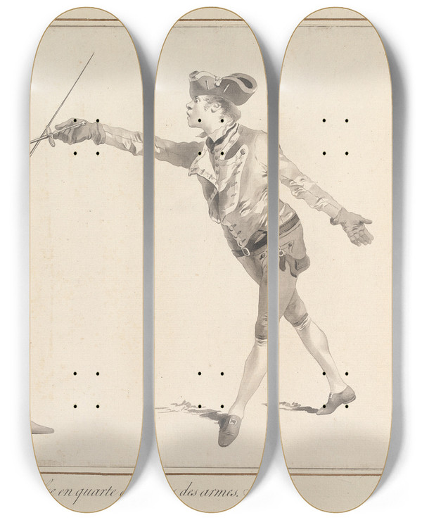 Triptych art skateboard deck of James Gwin De La Passe En Quarte Du Dehors Des Armes by James Gwin (1720-1769)
