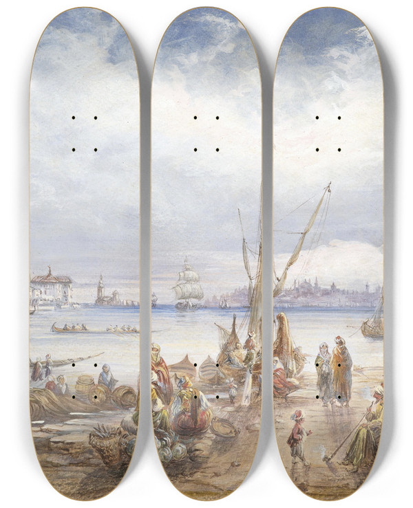 Triptych art skateboard deck of Carlo Bossoli Blick Auf Istanbul by Carlo Bossoli (1815-1884)