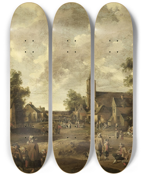 Triptych art skateboard deck of Joost Cornelisz Droochsloot Village Street by Joost Cornelisz Droochsloot (1586-1666)