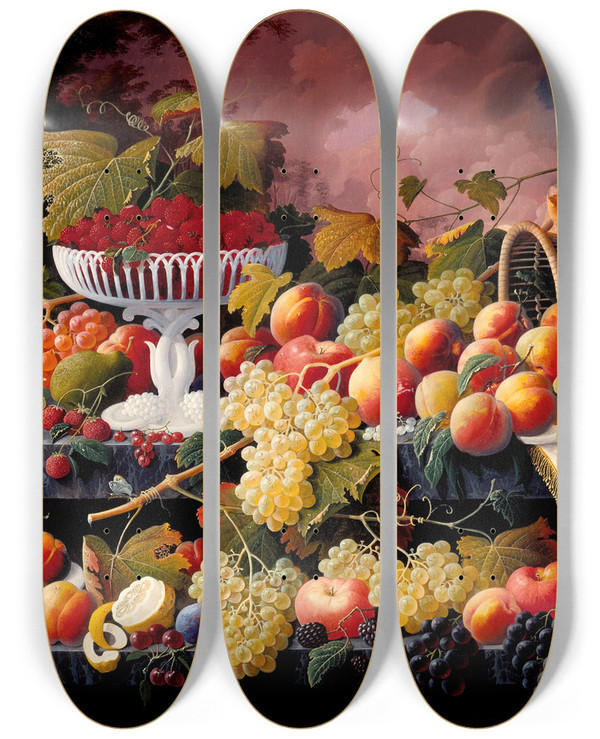 Triptych art skateboard deck of Severin Roesen Fruit Still Life In A Landscape by Severin Roesen (1816-1872)