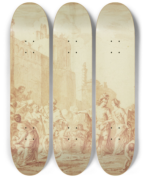 Triptych art skateboard deck of Arnold Houbraken Empfang Helenas In Troja by Arnold Houbraken (1660-1719)