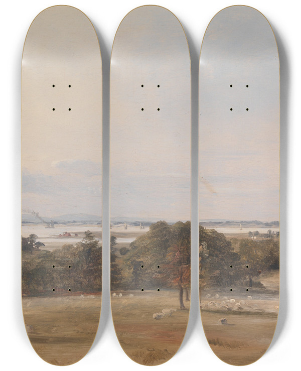 Triptych art skateboard deck of Frederick Richard Lee Southampton Water Near Hamble by Frederick Richard Lee (1798-1879)