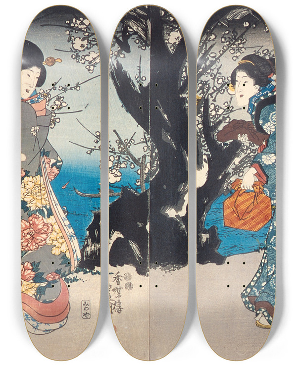 Triptych art skateboard deck of Utagawa Kunisada Toyokuni Iii Enjoying Plum Blossoms In The Evening by Utagawa Kunisada (Toyokuni III) (1786-1865)