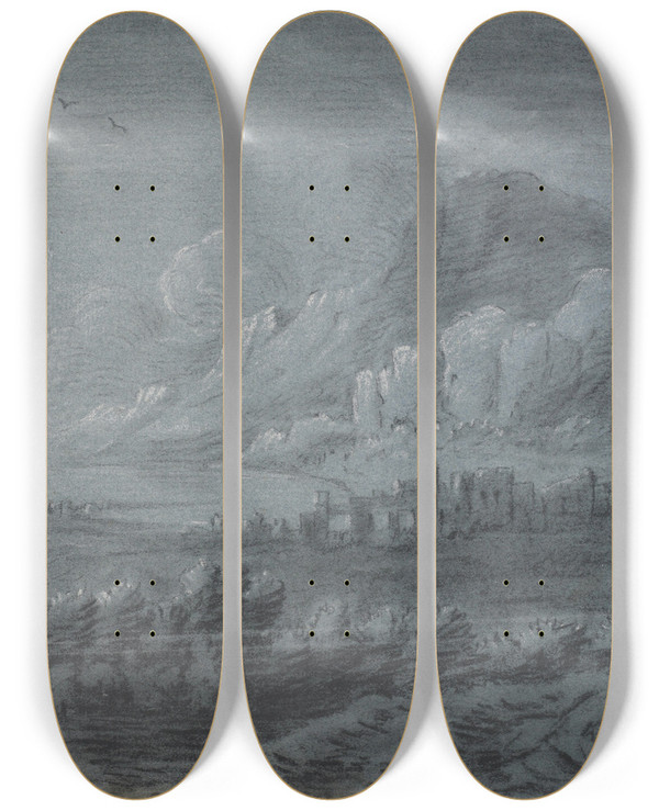 Triptych art skateboard deck of Anthony Devis Lake And Mountains by Anthony Devis (1729-1816)