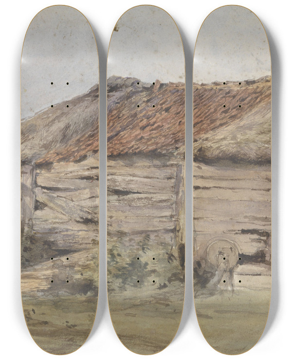 Triptych art skateboard deck of Willem Anthonie Van Deventer Oude Schuur by Willem Anthonie Van Deventer (1824-1893)