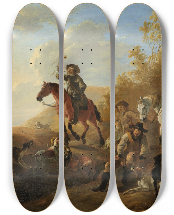 Triptych art skateboard deck of Dirk Stoop Hunters Resting by Dirk Stoop (1615-1686)