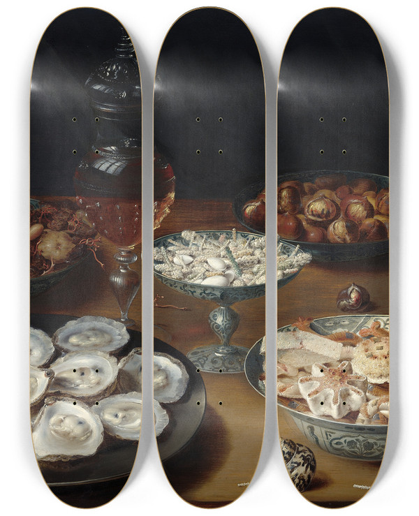 Triptych art skateboard deck of Osias Beert The Elder Dishes With Oystersfruit And Wine by Osias Beert The Elder (1580-1624)