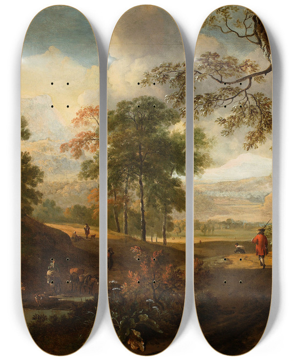 Triptych art skateboard deck of Jan Wijnants Landscape With A Road by Jan Wijnants (1632-1684)