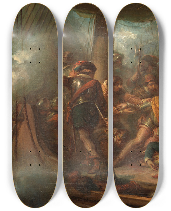 Triptych art skateboard deck of Antonie F Zrcher Heemskerk Dies Near Gibraltar Anno 1606 by Antonie F Zurcher (1825-1876)