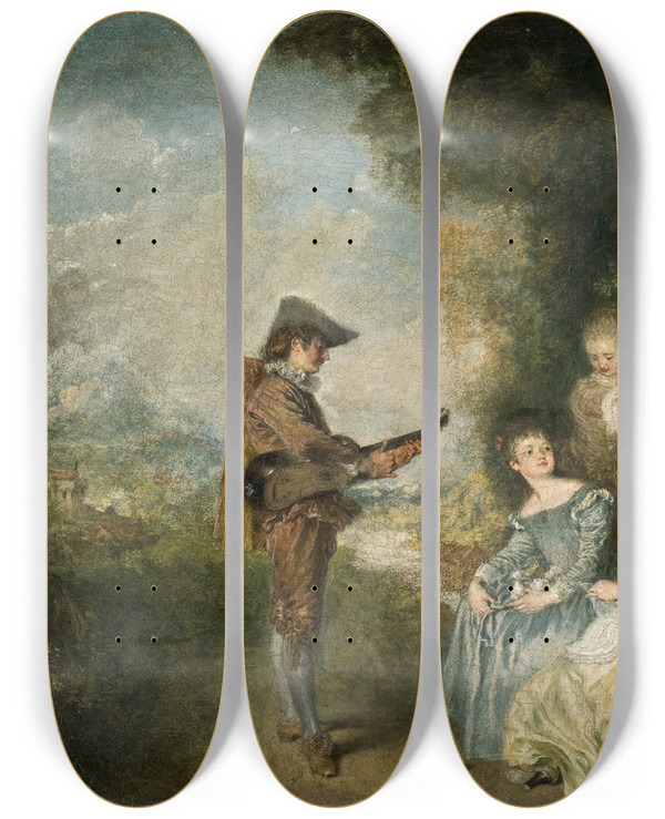 Triptych art skateboard deck of Jeanantoine Watteau The Love Lesson by Jean-Antoine Watteau (1684-1721)