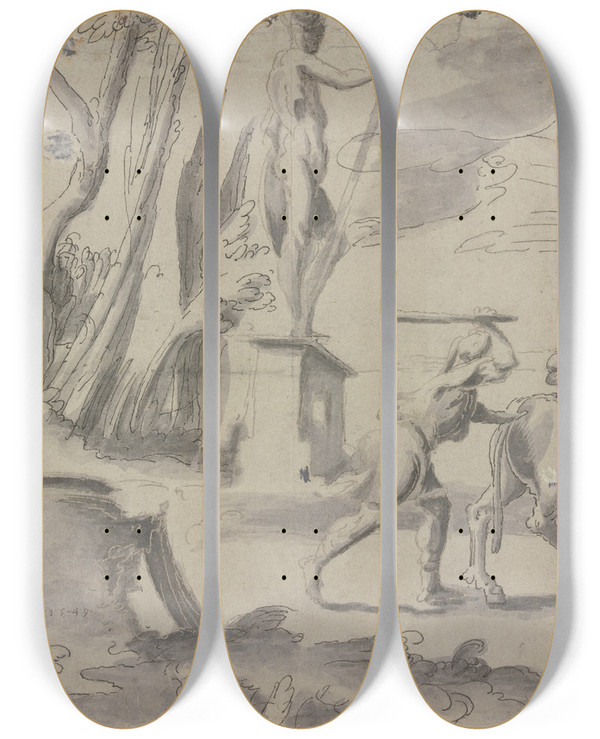 Triptych art skateboard deck of Franz Buch Landschaft Mit Der Flucht Nach Gypten Rechts Die Heilige Familie In Der Mitte Eine Antike Statue Links Die Gruppe Der Verfolger by Franz Buch