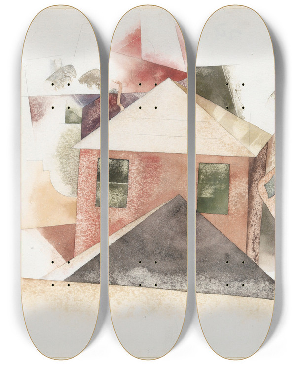 Triptych art skateboard deck of Charles Demuth Houses With Red by Charles Demuth (1883-1935)