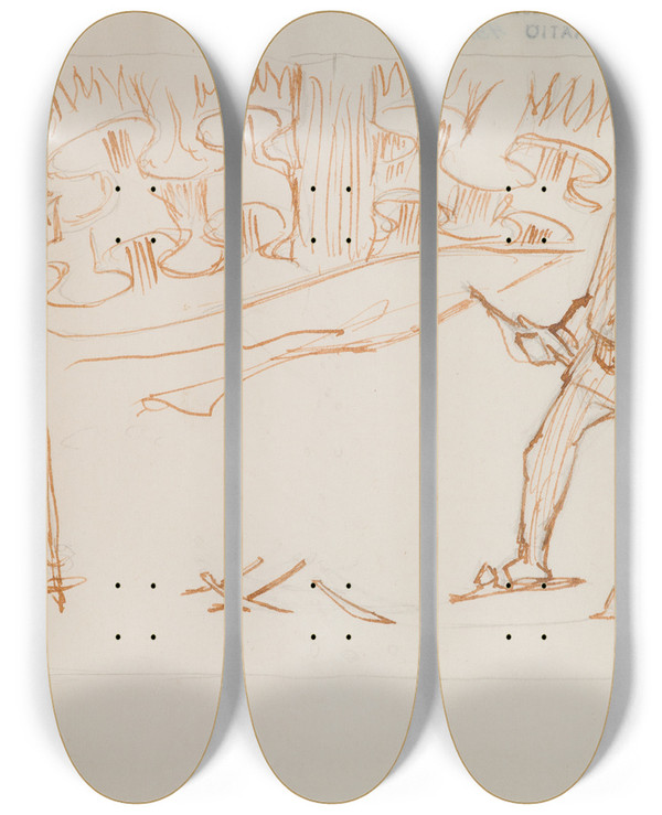 Triptych art skateboard deck of Akseli Gallenkallela The Great Kalevala Sketch For Page 1 Skiers Meet_1 by Akseli Gallen Kallela (1865-1931)