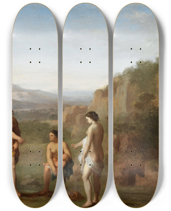 Triptych art skateboard deck of Cornelis Van Poelenburch The Finding Of Moses by Cornelis Van Poelenburch (1594-1667)
