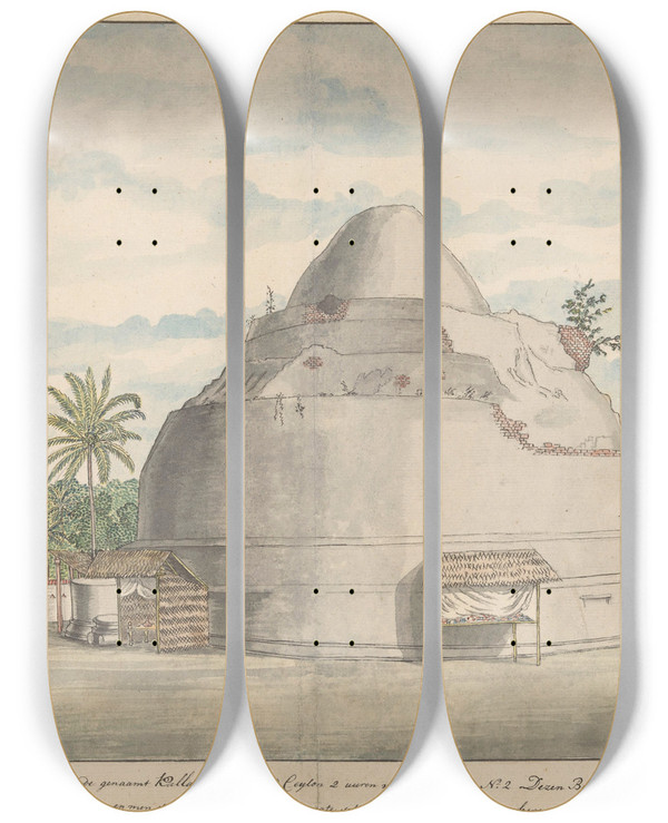Triptych art skateboard deck of Jan Brandes Kalyani Stupa Op Ceylon by Jan Brandes (1743-1808)