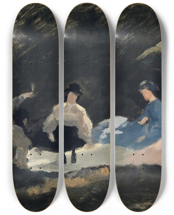 Triptych art skateboard deck of Frank Buchser Breakfast At The Border Of A Wood by Frank Buchser (1828-1890)