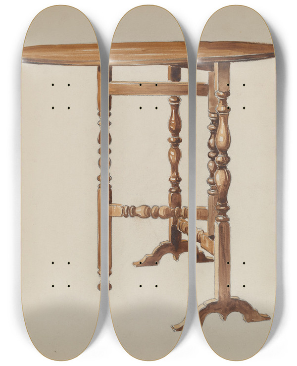 Triptych art skateboard deck of Rex Dolmith Three Legged Gateleg Table by Rex Dolmith