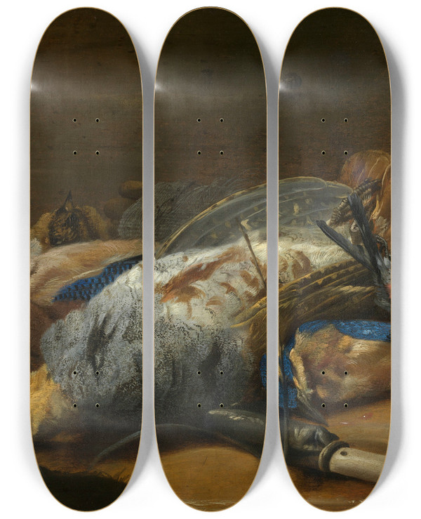 Triptych art skateboard deck of Carstian Luyckx Cat And Dead Game by Carstian Luyckx (1623-1675)