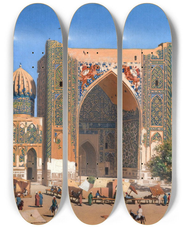 Triptych art skateboard deck of Vasily Vereshchagin Medrasah Shirdhor At Registan Place In Samarkand by Vasily Vereshchagin (1842-1904)