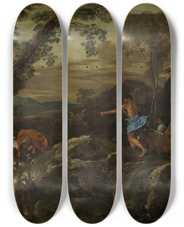 Triptych art skateboard deck of Giovanni Benedetto Castiglione Jacobs Journey by Giovanni Benedetto Castiglione (1609-1664)