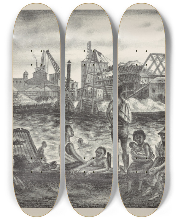Triptych art skateboard deck of Saul Kovner Bathers Harlem River by Saul Kovner (1904-1981)