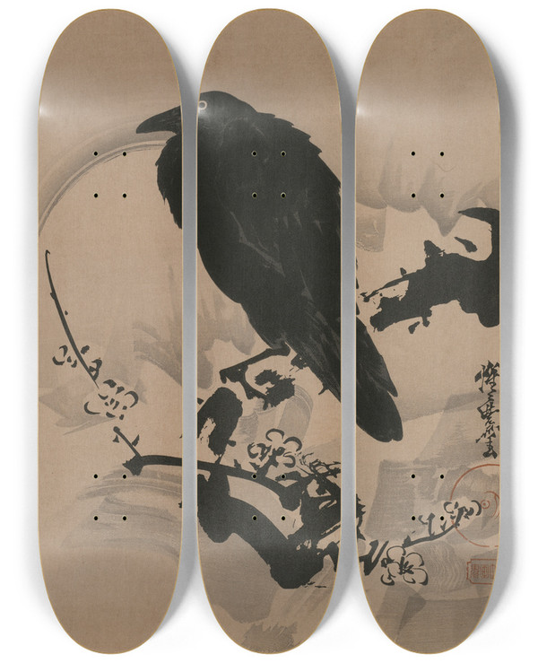 Triptych art skateboard deck of Kawanabe Kysai Full Moon With Crow On Plum Branch by Kawanabe Kyosai (1831-1889)