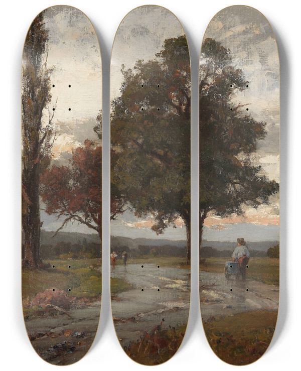 Triptych art skateboard deck of Josef Willroider Landschaft Mit Abziehendem Gewitter by Josef Willroider (1838-1915)