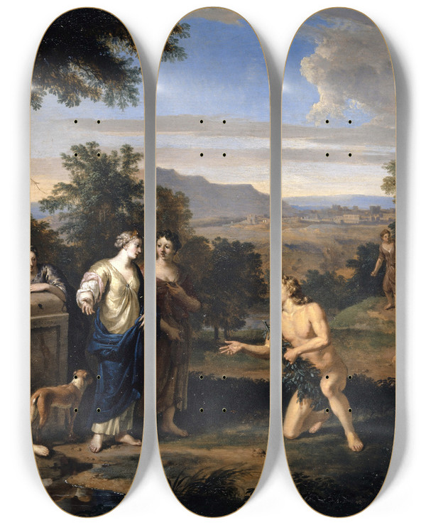 Triptych art skateboard deck of Gerard Hoet Ulysses And Nausicaa In An Arcadian Landscape by Gerard Hoet (1648-1733)