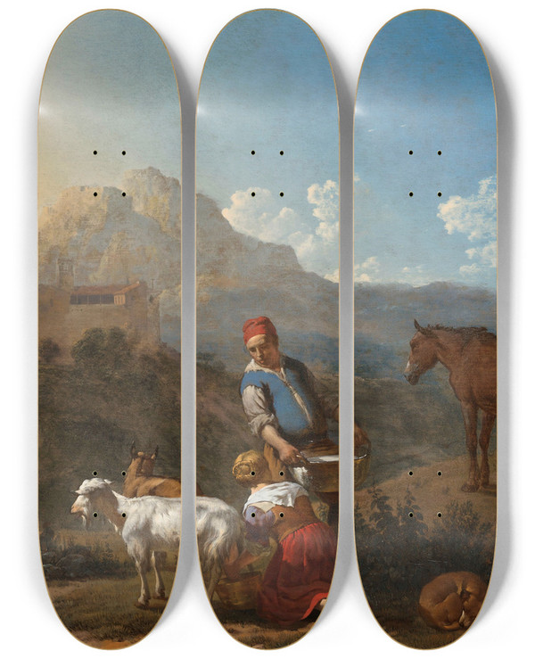 Triptych art skateboard deck of Karel Dujardin Italian Landscape With Girl Milking A Goat by Karel Dujardin (1622-1678)