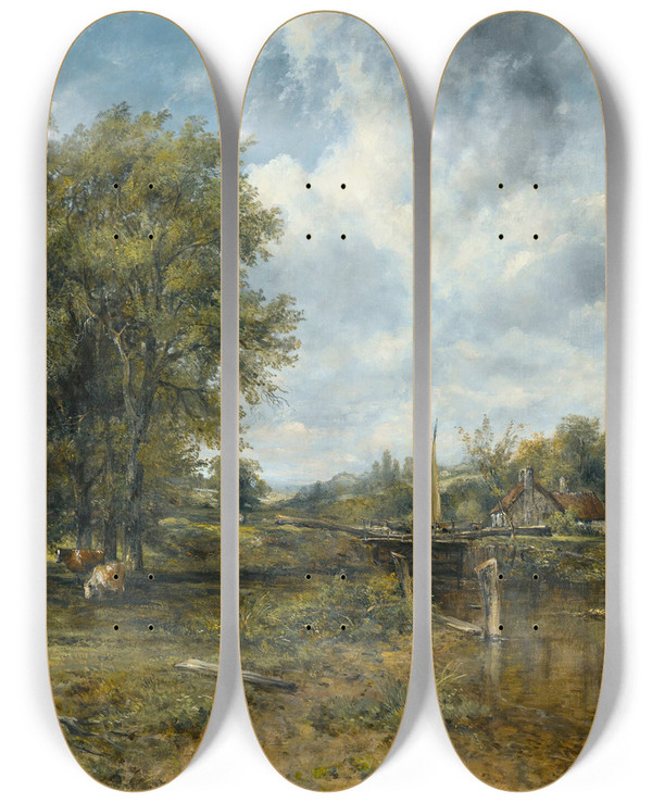 Triptych art skateboard deck of Frederick Waters Watts A Wooded Landscape With Cattle And A Cottage Beyond by Frederick Waters Watts (1800-1870)