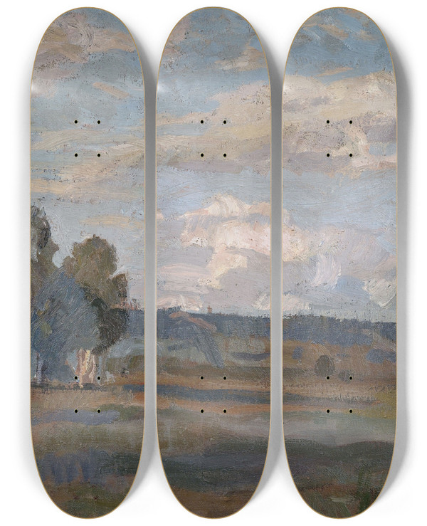 Triptych art skateboard deck of Christian Landenberger Weite Sommerlandschaft by Christian Landenberger (1862-1927)