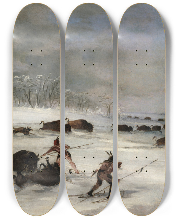 Triptych art skateboard deck of George Catlin Sioux Indians On Snowshoes Lancing Buffalo by George Catlin (1796-1872)