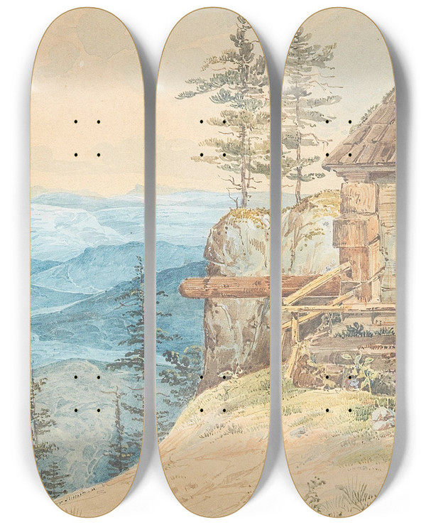 Triptych art skateboard deck of Eduard Friedrich Leybold Blick Auf Gebirgslandschaft by Eduard Friedrich Leybold (1798-1879)