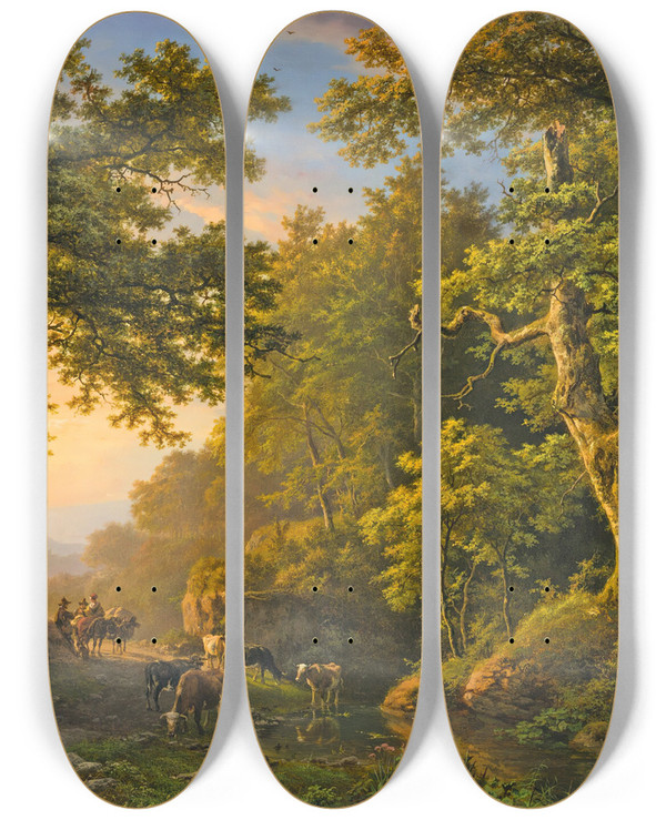 Triptych art skateboard deck of Barend Cornelis Koekkoek Figures In A Wooded Landscape by Barend Cornelis Koekkoek (1803-1862)