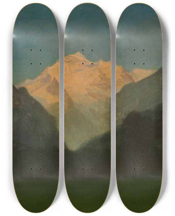 Triptych art skateboard deck of Albert Bierstadt View Of Glacier Park Or Sunset On Peak by Albert Bierstadt (1830-1902)