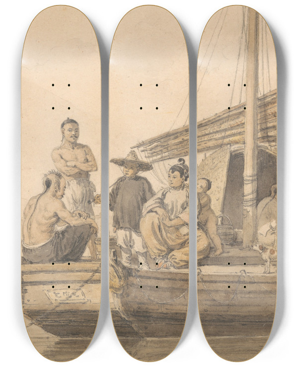 Triptych art skateboard deck of William Alexander Fisherpeople On A Junk by William Alexander (1767-1816)