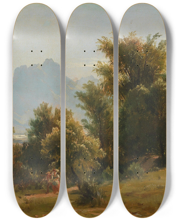 Triptych art skateboard deck of Ludwig Halauska Scene With Trees Near Brannenberg Bavaria by Ludwig Halauska (1827-1882)